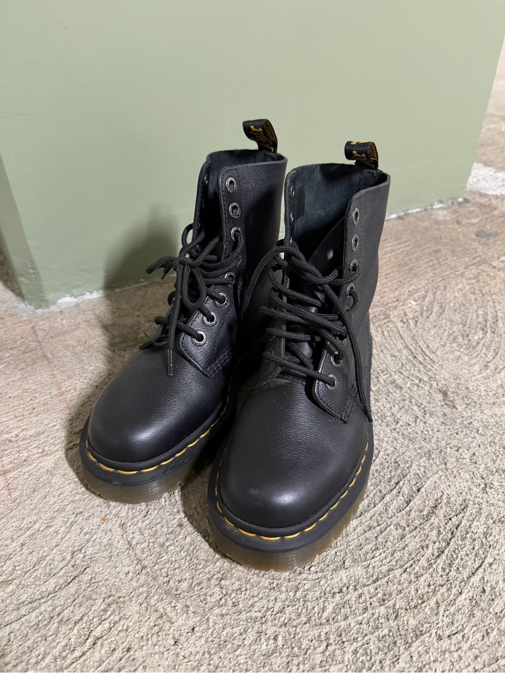 Dr. Martens Black Lace-Up Leather Combat Boots with Yellow Stitching
